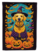 Load image into Gallery viewer, Yellow Labrador Retriever Witchy Halloween Garden Flag – Witch Dog with Pumpkins, Bats &amp; Jack-o'-Lanterns