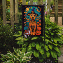 Load image into Gallery viewer, Lakeland Terrier Witchy Halloween Garden Flag – Witch Dog with Pumpkins, Bats &amp; Jack-o'-Lanterns