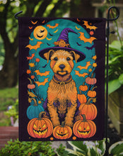 Load image into Gallery viewer, Lakeland Terrier Witchy Halloween Garden Flag – Witch Dog with Pumpkins, Bats &amp; Jack-o'-Lanterns