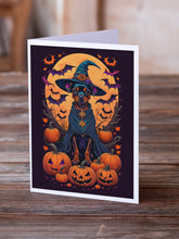 Load image into Gallery viewer, Miniature Pinscher Witchy Halloween Greeting Cards -  Blank Note Cards – 8-Pack of Artist-Designed Cards with Envelopes