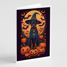 Load image into Gallery viewer, Miniature Pinscher Witchy Halloween Greeting Cards -  Blank Note Cards – 8-Pack of Artist-Designed Cards with Envelopes