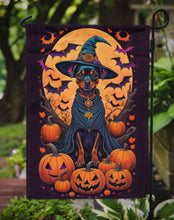 Load image into Gallery viewer, Miniature Pinscher Witchy Halloween Garden Flag – Witch Dog with Pumpkins, Bats &amp; Jack-o'-Lanterns