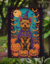 Load image into Gallery viewer, Norwich Terrier Witchy Halloween Garden Flag – Witch Dog with Pumpkins, Bats &amp; Jack-o'-Lanterns