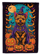 Load image into Gallery viewer, Norwich Terrier Witchy Halloween Garden Flag – Witch Dog with Pumpkins, Bats &amp; Jack-o'-Lanterns