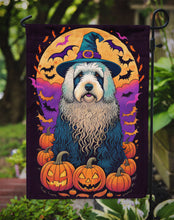 Load image into Gallery viewer, Old English Sheepdog Witchy Halloween Garden Flag – Witch Dog with Pumpkins, Bats &amp; Jack-o'-Lanterns