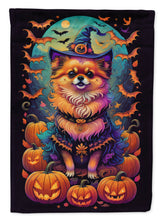 Load image into Gallery viewer, Pomeranian Witchy Halloween Garden Flag – Witch Dog with Pumpkins, Bats &amp; Jack-o'-Lanterns