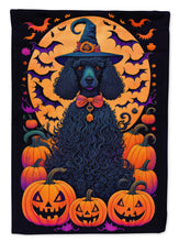 Load image into Gallery viewer, Black Standard Poodle Witchy Halloween Garden Flag – Witch Dog with Pumpkins, Bats &amp; Jack-o'-Lanterns