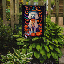 Load image into Gallery viewer, White Standard Poodle Witchy Halloween Garden Flag – Witch Dog with Pumpkins, Bats &amp; Jack-o'-Lanterns