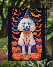 Load image into Gallery viewer, White Standard Poodle Witchy Halloween Garden Flag – Witch Dog with Pumpkins, Bats &amp; Jack-o'-Lanterns
