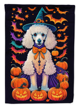 Load image into Gallery viewer, White Standard Poodle Witchy Halloween Garden Flag – Witch Dog with Pumpkins, Bats &amp; Jack-o'-Lanterns