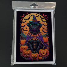 Load image into Gallery viewer, Black Pug Witchy Halloween Greeting Cards -  Blank Note Cards – 8-Pack of Artist-Designed Cards with Envelopes