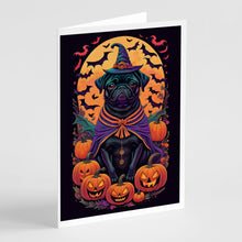 Load image into Gallery viewer, Black Pug Witchy Halloween Greeting Cards -  Blank Note Cards – 8-Pack of Artist-Designed Cards with Envelopes