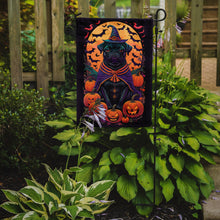 Load image into Gallery viewer, Black Pug Witchy Halloween Garden Flag – Witch Dog with Pumpkins, Bats &amp; Jack-o'-Lanterns