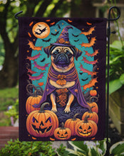 Load image into Gallery viewer, Pug Witchy Halloween Garden Flag – Witch Dog with Pumpkins, Bats &amp; Jack-o'-Lanterns