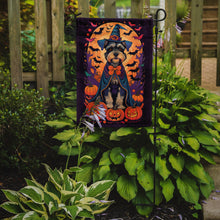 Load image into Gallery viewer, Schnauzer Witchy Halloween Garden Flag – Witch Dog with Pumpkins, Bats &amp; Jack-o'-Lanterns