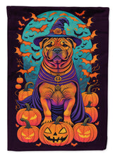 Load image into Gallery viewer, Shar Pei Witchy Halloween Garden Flag – Witch Dog with Pumpkins, Bats &amp; Jack-o'-Lanterns