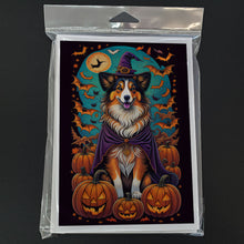 Load image into Gallery viewer, Sheltie Witchy Halloween Greeting Cards -  Blank Note Cards – 8-Pack of Artist-Designed Cards with Envelopes