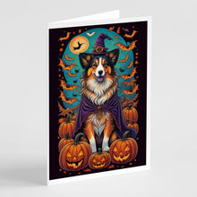 Load image into Gallery viewer, Sheltie Witchy Halloween Greeting Cards -  Blank Note Cards – 8-Pack of Artist-Designed Cards with Envelopes