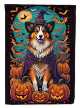 Load image into Gallery viewer, Sheltie Witchy Halloween Garden Flag – Witch Dog with Pumpkins, Bats &amp; Jack-o'-Lanterns