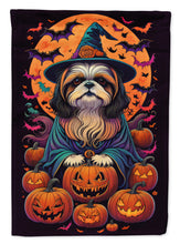 Load image into Gallery viewer, Shih Tzu Witchy Halloween Garden Flag – Witch Dog with Pumpkins, Bats &amp; Jack-o'-Lanterns