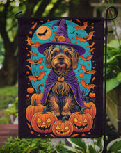 Load image into Gallery viewer, Silky Terrier Witchy Halloween Garden Flag – Witch Dog with Pumpkins, Bats &amp; Jack-o'-Lanterns