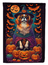 Load image into Gallery viewer, Tibetan Spaniel Witchy Halloween Garden Flag – Witch Dog with Pumpkins, Bats &amp; Jack-o'-Lanterns