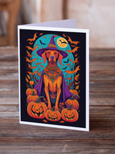 Load image into Gallery viewer, Vizsla Witchy Halloween Greeting Cards -  Blank Note Cards – 8-Pack of Artist-Designed Cards with Envelopes