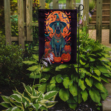Load image into Gallery viewer, Weimaraner Witchy Halloween Garden Flag – Witch Dog with Pumpkins, Bats &amp; Jack-o'-Lanterns