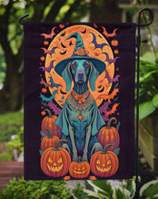 Load image into Gallery viewer, Weimaraner Witchy Halloween Garden Flag – Witch Dog with Pumpkins, Bats &amp; Jack-o'-Lanterns