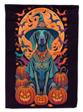 Load image into Gallery viewer, Weimaraner Witchy Halloween Garden Flag – Witch Dog with Pumpkins, Bats &amp; Jack-o'-Lanterns