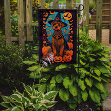 Load image into Gallery viewer, Welsh Terrier Witchy Halloween Garden Flag – Witch Dog with Pumpkins, Bats &amp; Jack-o'-Lanterns