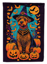Load image into Gallery viewer, Welsh Terrier Witchy Halloween Garden Flag – Witch Dog with Pumpkins, Bats &amp; Jack-o'-Lanterns