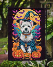 Load image into Gallery viewer, Westie Witchy Halloween Garden Flag – Witch Dog with Pumpkins, Bats &amp; Jack-o'-Lanterns