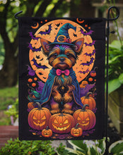 Load image into Gallery viewer, Yorkie Witchy Halloween Garden Flag – Witch Dog with Pumpkins, Bats &amp; Jack-o'-Lanterns