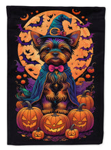 Load image into Gallery viewer, Yorkie Witchy Halloween Garden Flag – Witch Dog with Pumpkins, Bats &amp; Jack-o'-Lanterns