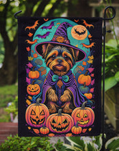 Load image into Gallery viewer, Yorkie Witchy Halloween Garden Flag – Witch Dog with Pumpkins, Bats &amp; Jack-o'-Lanterns