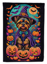 Load image into Gallery viewer, Yorkie Witchy Halloween Garden Flag – Witch Dog with Pumpkins, Bats &amp; Jack-o'-Lanterns