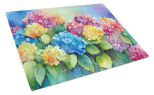 Load image into Gallery viewer, Hydrangeas in Watercolor Glass Cutting Boards – Durable, Decorative Kitchen Art Large