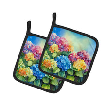 Load image into Gallery viewer, Hydrangeas in Watercolor Pot Holders - Set of 2 Decorative Kitchen Helpers | Made in the USA