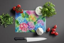 Load image into Gallery viewer, Hydrangeas in Watercolor Glass Cutting Boards – Durable, Decorative Kitchen Art Large