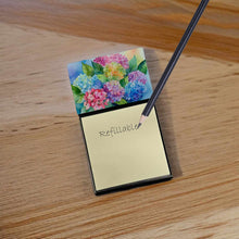 Load image into Gallery viewer, Hydrangeas in Watercolor Sticky Note Holder- Refiilable Desk Accessory Note Pad