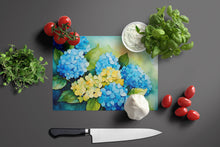 Load image into Gallery viewer, Hydrangeas in Watercolor Glass Cutting Boards – Durable, Decorative Kitchen Art Large