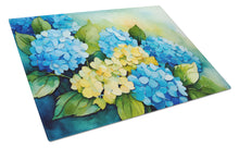 Load image into Gallery viewer, Hydrangeas in Watercolor Glass Cutting Boards – Durable, Decorative Kitchen Art Large
