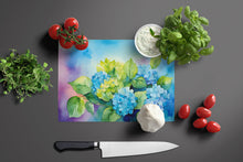 Load image into Gallery viewer, Hydrangeas in Watercolor Glass Cutting Boards – Durable, Decorative Kitchen Art Large