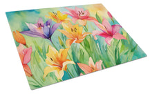 Load image into Gallery viewer, Lilies in Watercolor Glass Cutting Boards – Durable, Decorative Kitchen Art Large