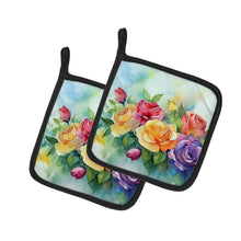 Load image into Gallery viewer, Roses in Watercolor Pot Holders - Set of 2 Decorative Kitchen Helpers | Made in the USA