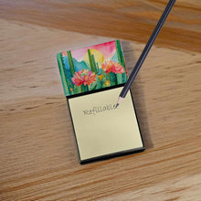 Load image into Gallery viewer, Arizona Saguaro Cactus Blossom in Watercolor Sticky Note Holder- Refiilable Desk Accessory Note Pad
