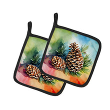 Load image into Gallery viewer, Maine White Pine Cone and Tassels in Watercolor Pair of Pot Holders