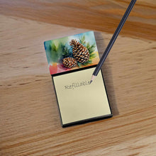 Load image into Gallery viewer, Maine White Pine Cone and Tassels in Watercolor Sticky Note Holder- Refiilable Desk Accessory Note Pad