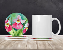 Load image into Gallery viewer, Minnesota Pink and White Lady’s Slippers in Watercolor Large Sandstone Coasters Pack of 4
